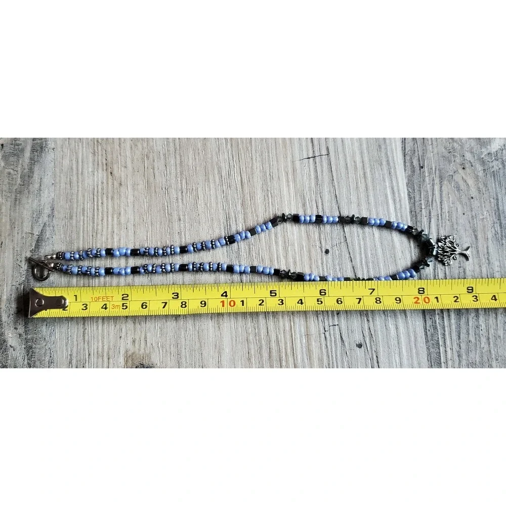 Black And Blue Beaded Tree of‎ Life Silver Toned Pendant Necklace Unbranded